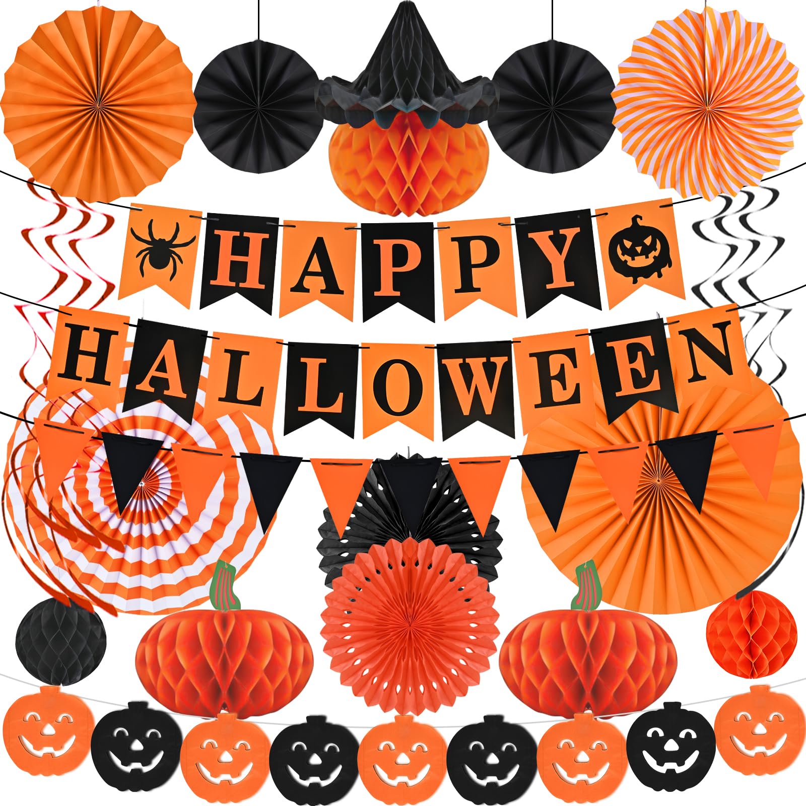 AhfuLife Halloween Party Decorations Set, Reusable Halloween Indoor Decorations Kit Including HAPPY HALLOWEEN Paper Banner for Home Decor, Trick or Treat Sign, Pumpkin Bat Hanging Swirl